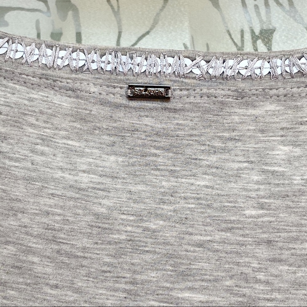 St. John Gray sequin trim scoop neck sheer silk peplum bottom high low Tunic top - Picture 6 of 8